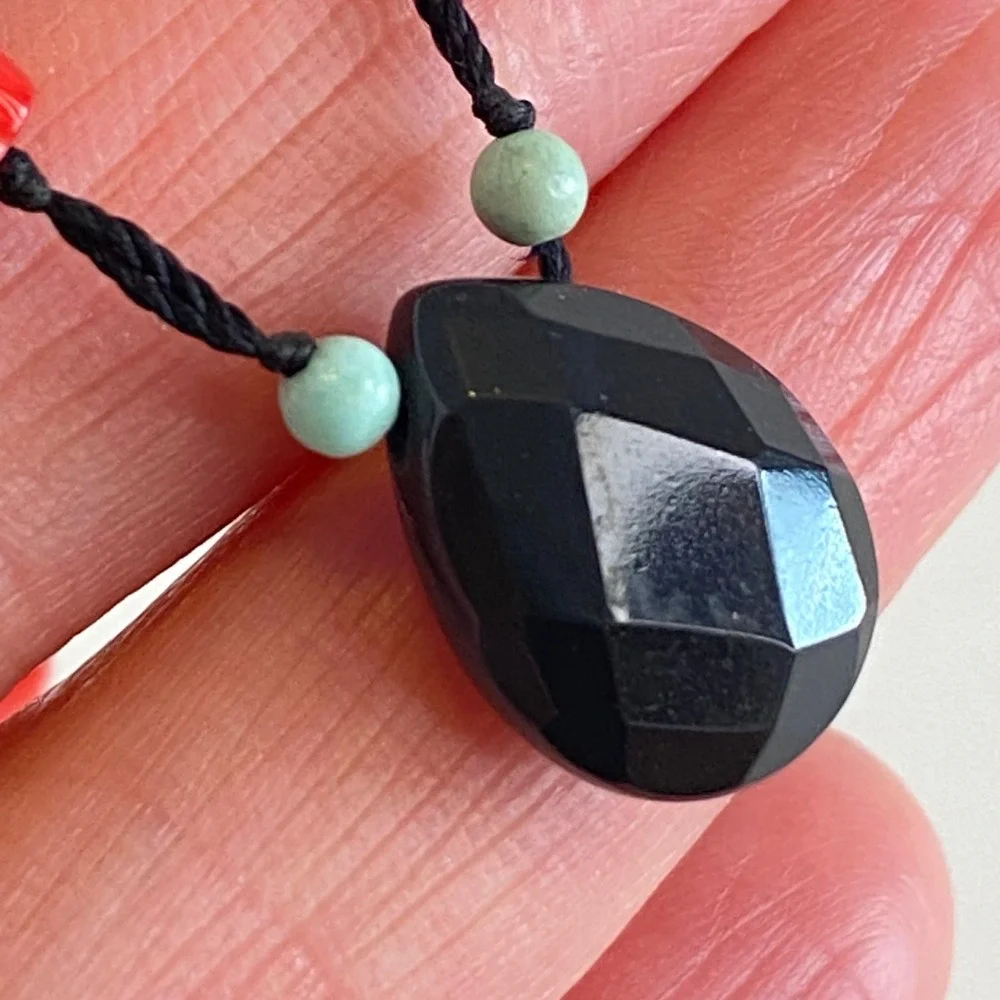 Vintage Red Coral Black Onyx Teardrop Pendant Necklace Sterling Silver 925 Clasp